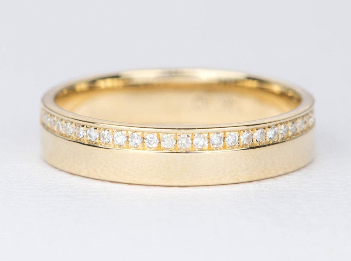 Diamond Wedding Band 14K Gold Half Eternity 4mm Unique Beaded Setting Plain Gold Contrast AD1342V2