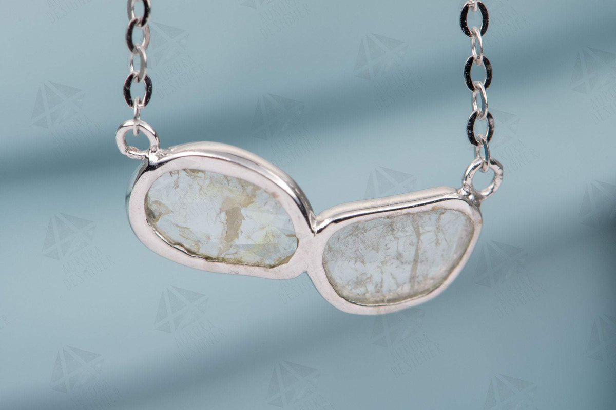 Dual Diamond Slice Necklace 14K White Gold Pendant Bezel Set Rustic Chic Boho Gift Salt and AD1932
