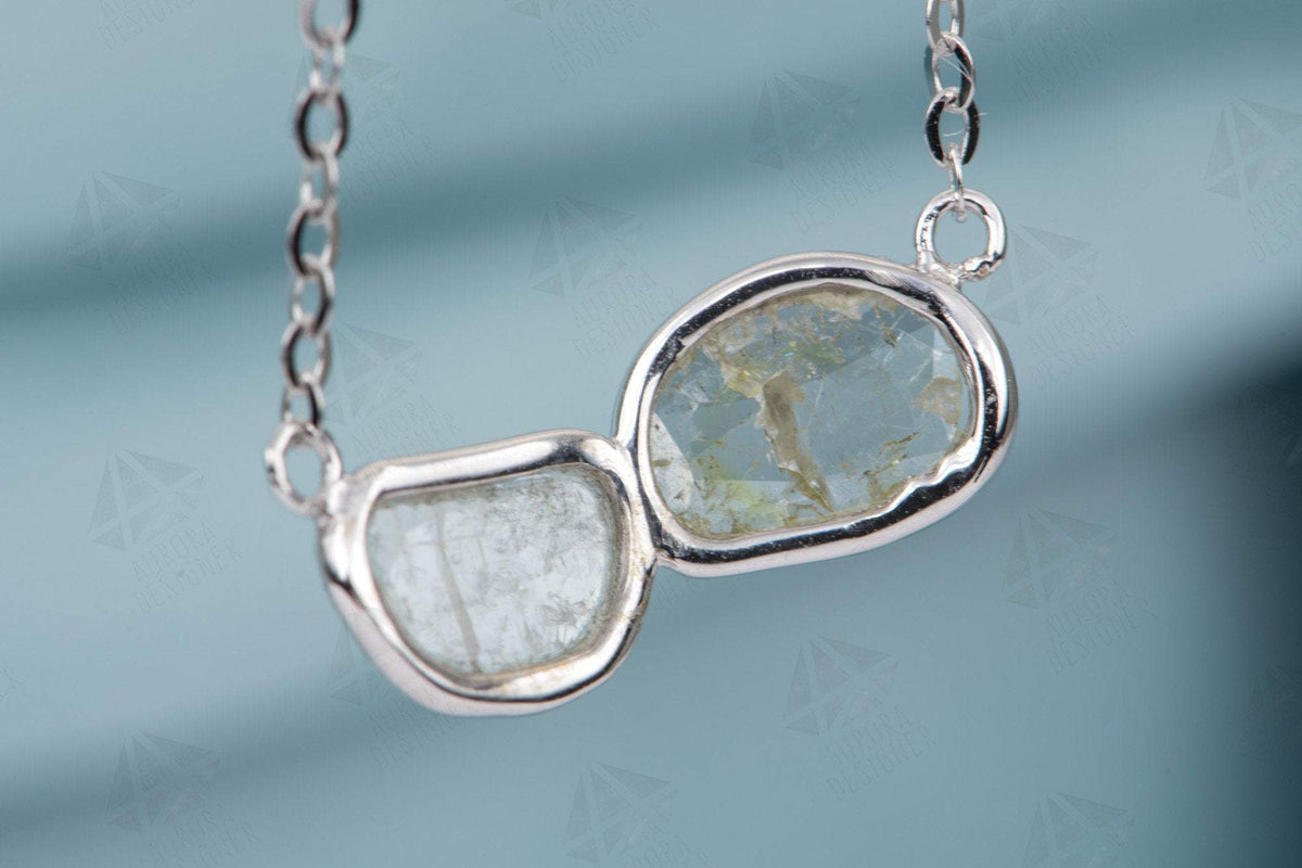 Dual Diamond Slice Necklace 14K White Gold Pendant Bezel Set Rustic Chic Boho Gift Salt and AD1932