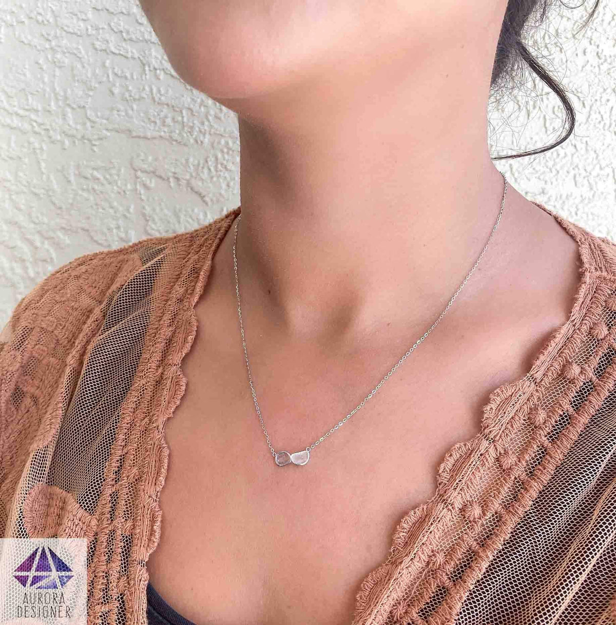Dual Diamond Slice Necklace 14K White Gold Pendant Bezel Set Rustic Chic Boho Gift Salt and AD1932