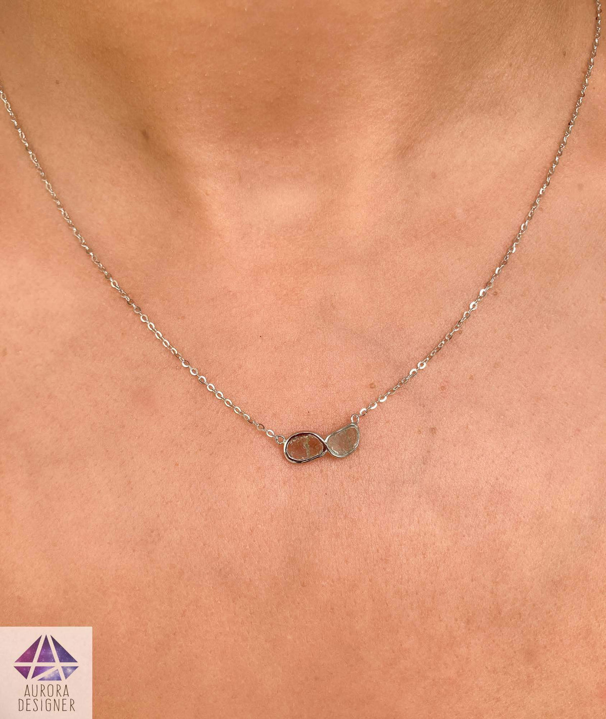 Dual Diamond Slice Necklace 14K White Gold Pendant Bezel Set Rustic Chic Boho Gift Salt and AD1932