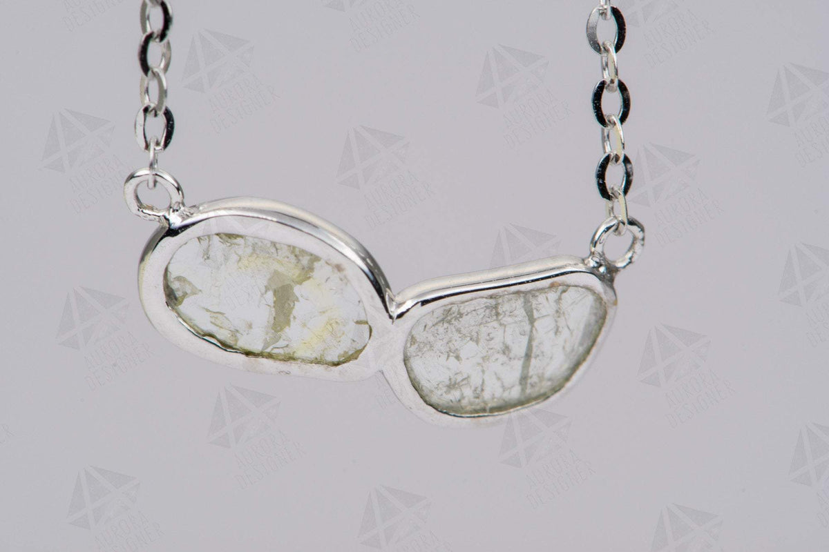 Dual Diamond Slice Necklace 14K White Gold Pendant Bezel Set Rustic Chic Boho Gift Salt and AD1932