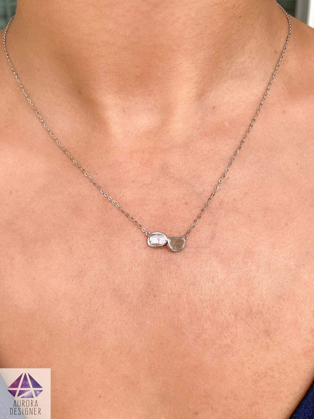 Dual Diamond Slice Necklace 14K White Gold Pendant Bezel Set Rustic Chic Boho Gift Salt and AD1932