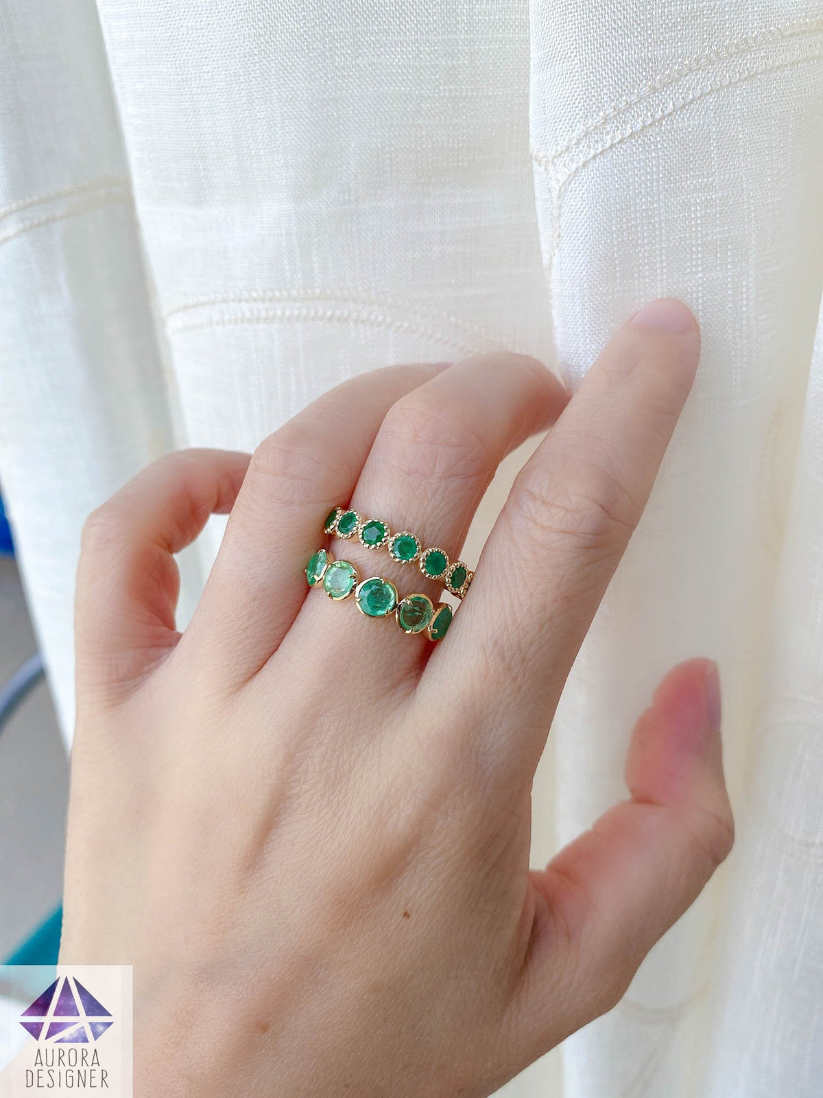 Emerald Milgrain Bezel Set 14K Gold Wedding Band Round Vintage Inspired May Birthstone AD1798E