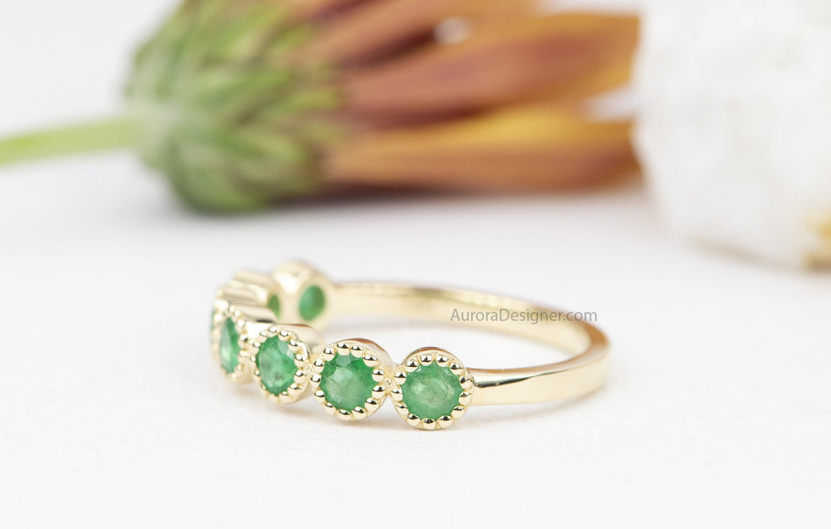 Emerald Milgrain Bezel Set 14K Gold Wedding Band Round Vintage Inspired May Birthstone AD1798E