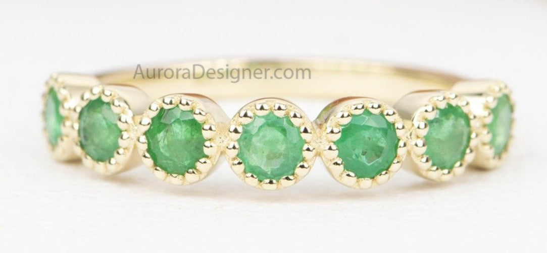 Emerald Milgrain Bezel Set 14K Gold Wedding Band Round Vintage Inspired May Birthstone AD1798E