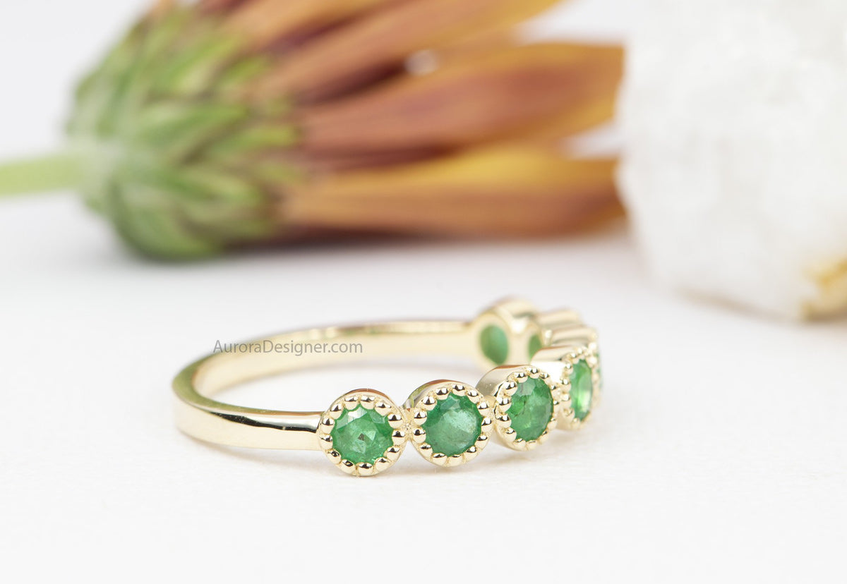 Emerald Milgrain Bezel Set 14K Gold Wedding Band Round Vintage Inspired May Birthstone AD1798E