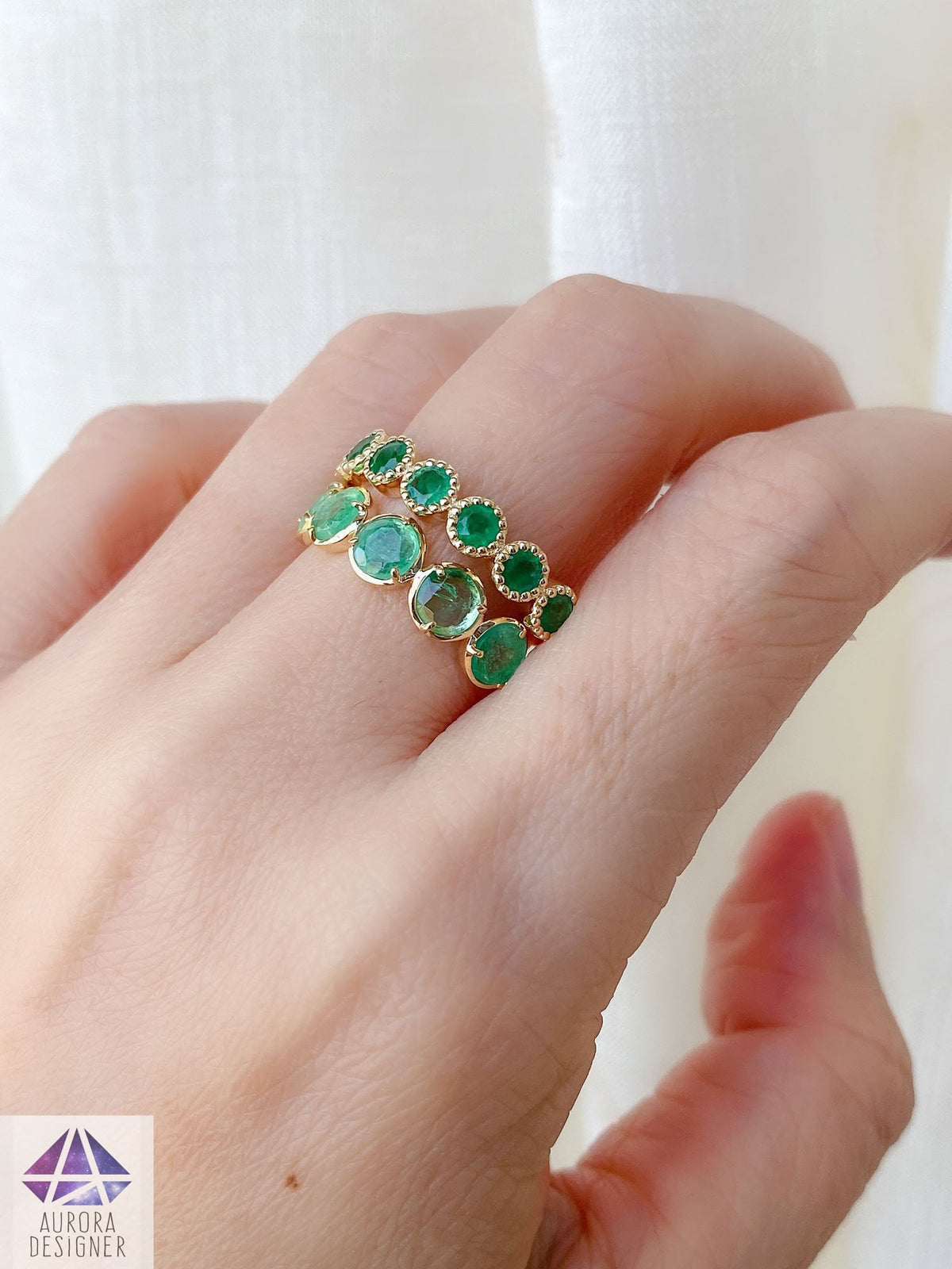 Emerald Milgrain Bezel Set 14K Gold Wedding Band Round Vintage Inspired May Birthstone AD1798E