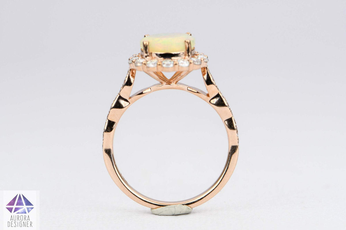 Ethiopian Opal Moissanite Halo Engagement Ring 14K Rose Gold Half Eternity Shank Pave AD1849-1