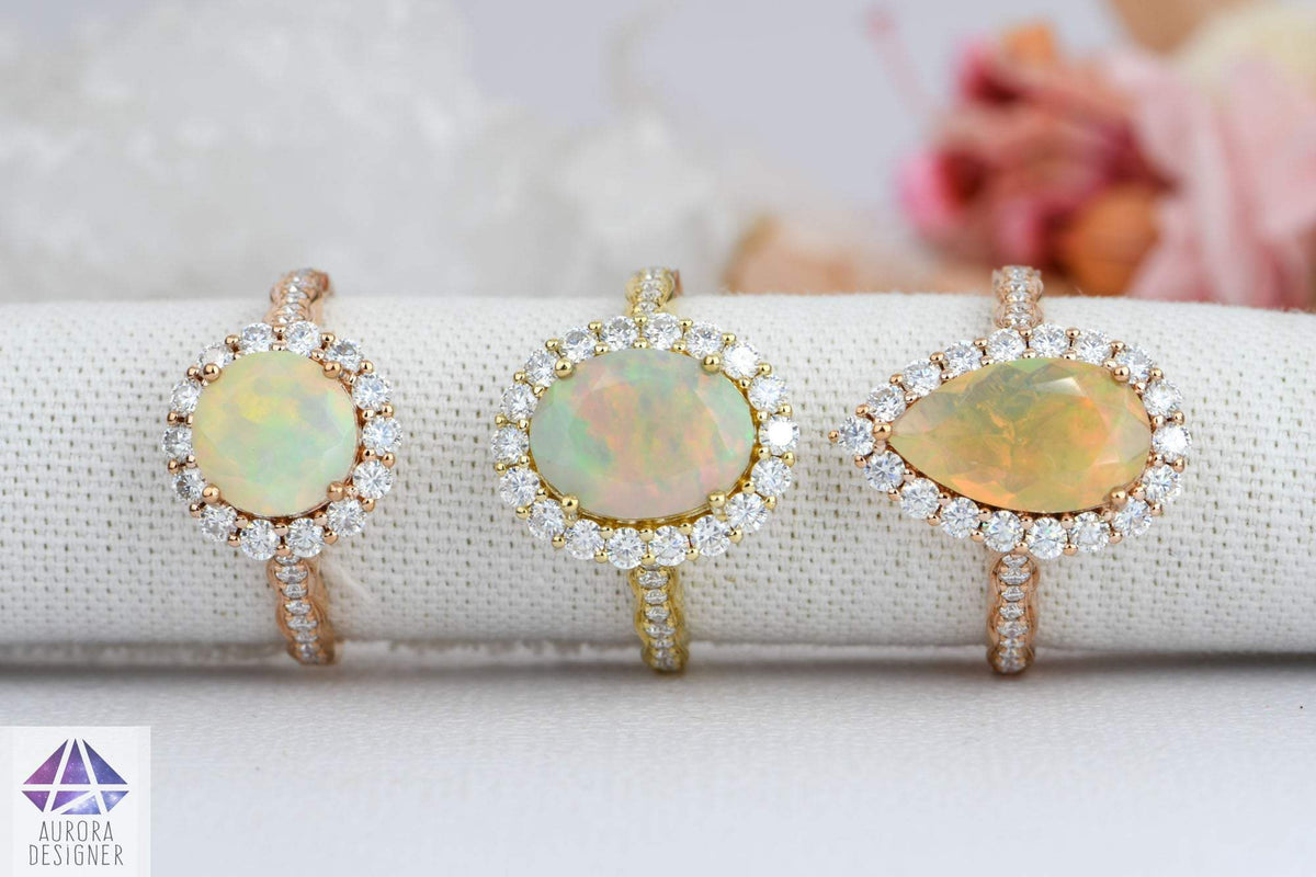Ethiopian Opal Moissanite Halo Engagement Ring 14K Rose Gold Half Eternity Shank Pave AD1849-1