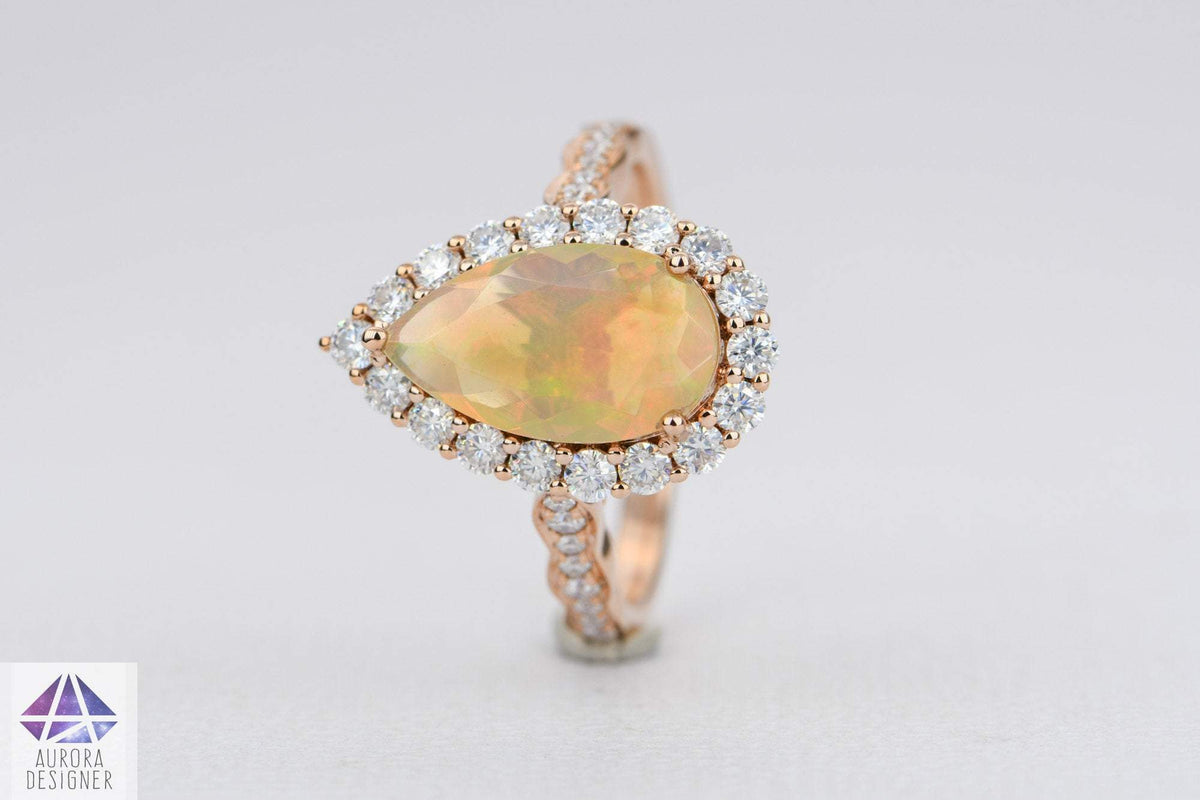Ethiopian Opal Moissanite Halo Engagement Ring 14K Rose Gold Half Eternity Shank Pave AD1849-2