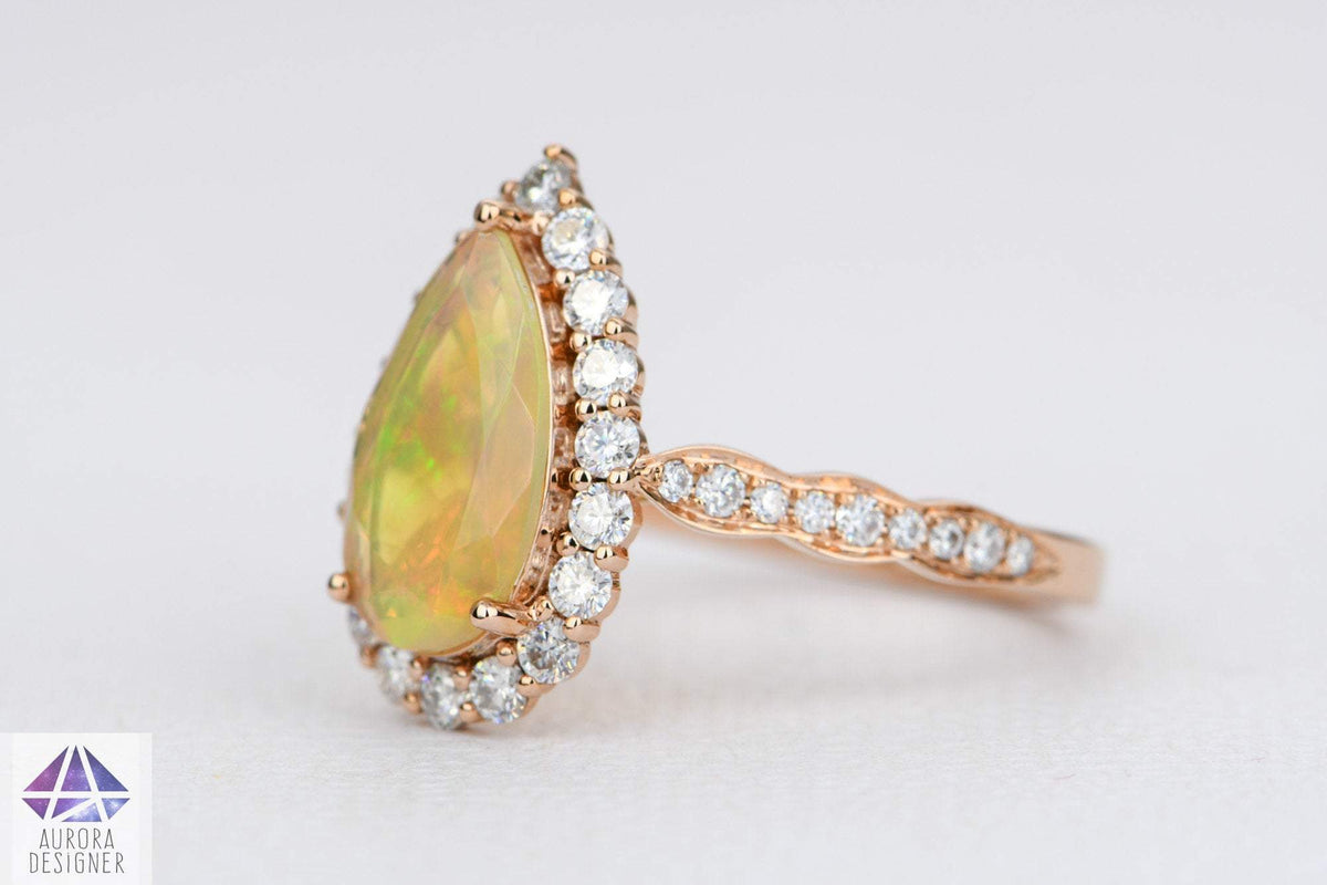 Ethiopian Opal Moissanite Halo Engagement Ring 14K Rose Gold Half Eternity Shank Pave AD1849-2