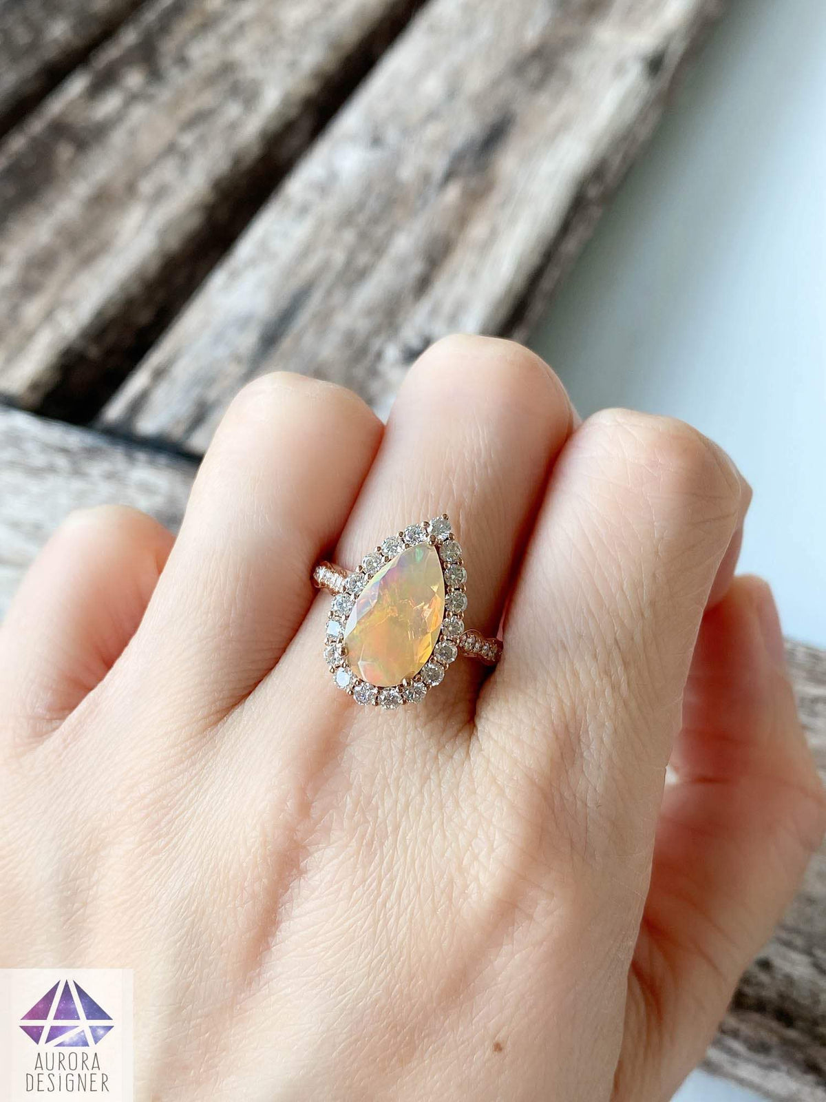 Ethiopian Opal Moissanite Halo Engagement Ring 14K Rose Gold Half Eternity Shank Pave AD1849-2