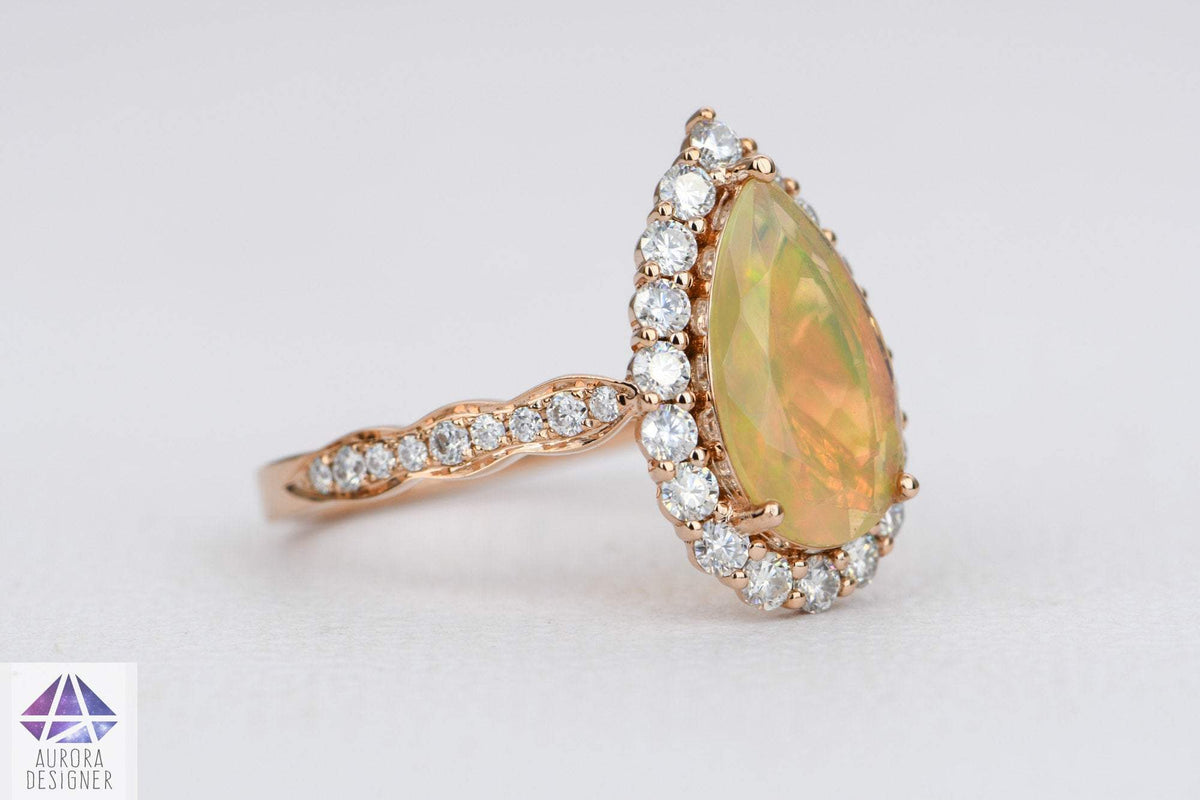 Ethiopian Opal Moissanite Halo Engagement Ring 14K Rose Gold Half Eternity Shank Pave AD1849-2