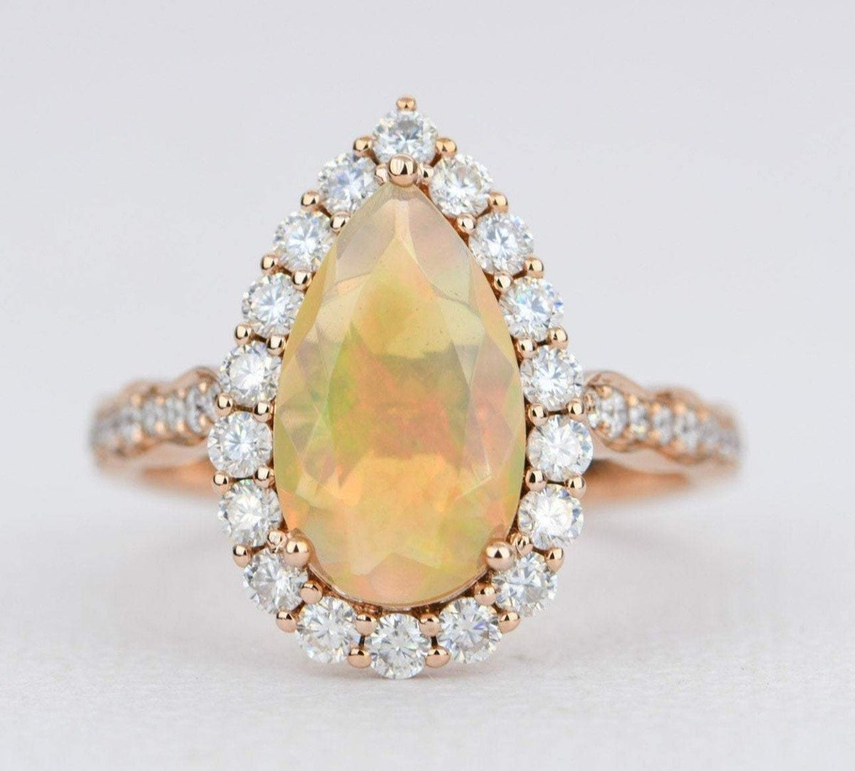 Ethiopian Opal Moissanite Halo Engagement Ring 14K Rose Gold Half Eternity Shank Pave AD1849-2