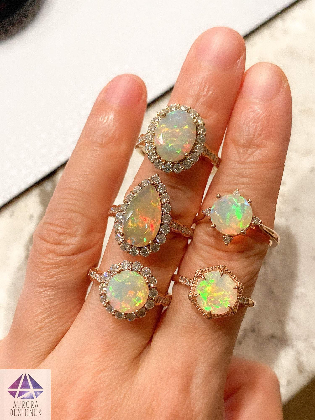 Ethiopian Opal Moissanite Halo Engagement Ring 14K Rose Gold Half Eternity Shank Pave AD1849-2