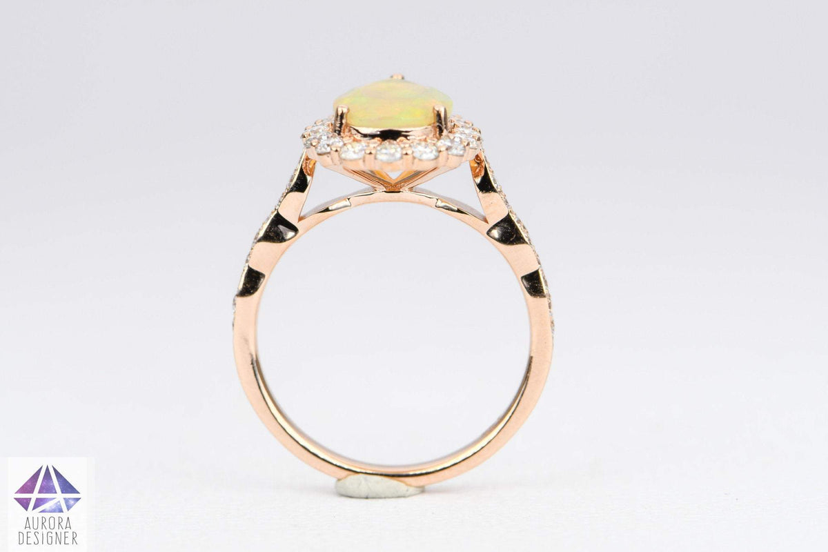 Ethiopian Opal Moissanite Halo Engagement Ring 14K Rose Gold Half Eternity Shank Pave AD1849-2
