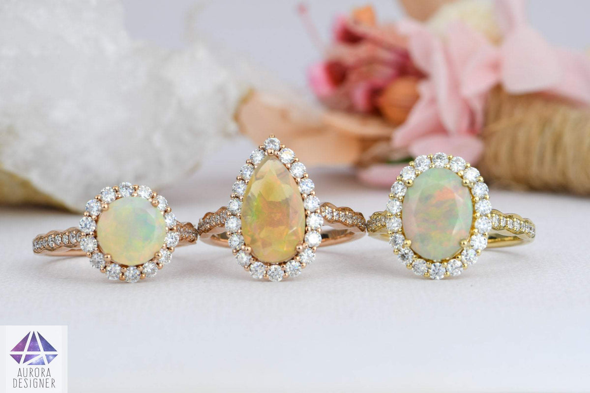 Ethiopian Opal Moissanite Halo Engagement Ring 14K Rose Gold Half Eternity Shank Pave AD1849-2