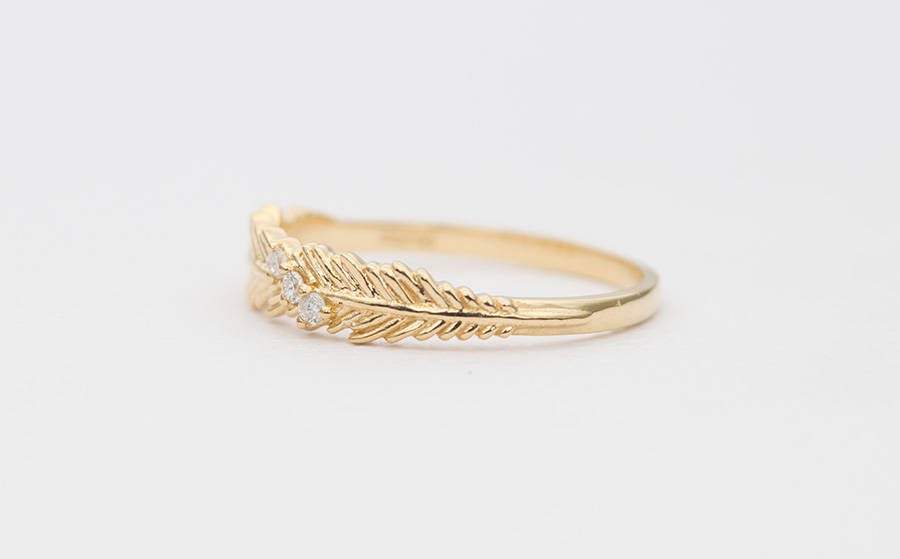 Feather with Three Diamond Ring 14K Gold Unique Wedding Band Stacking Rings Stackable AD1300