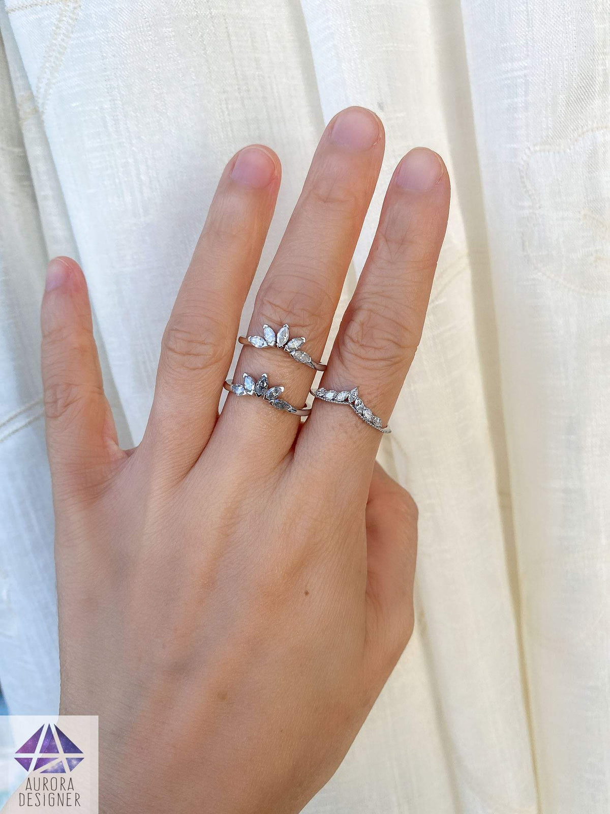 Five Marquise Milky White Diamond Crown Ring 14K 18K Gold Platinum PT950 Wedding Band AD1881-2