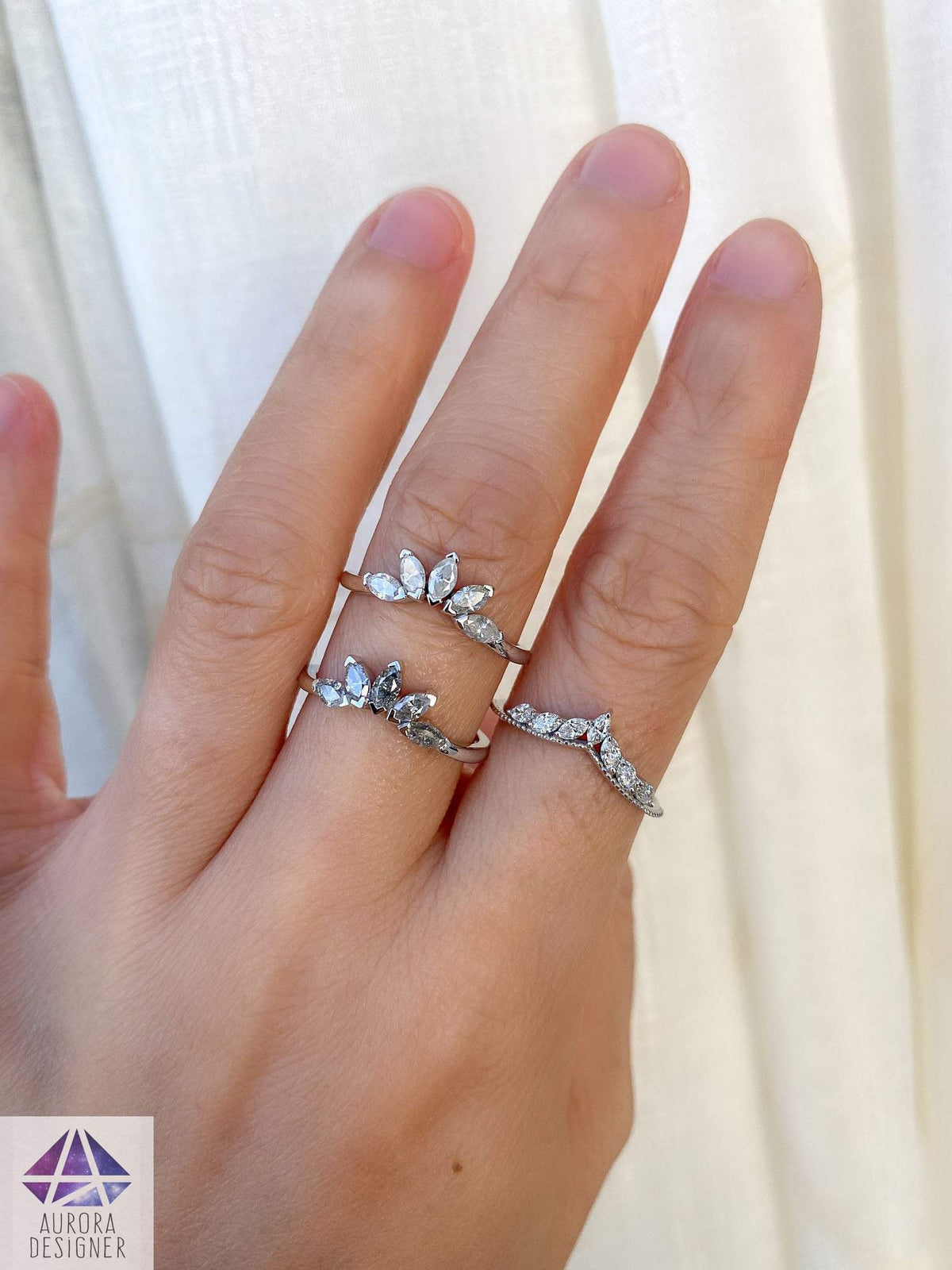 Five Marquise Milky White Diamond Crown Ring 14K 18K Gold Platinum PT950 Wedding Band AD1881-2