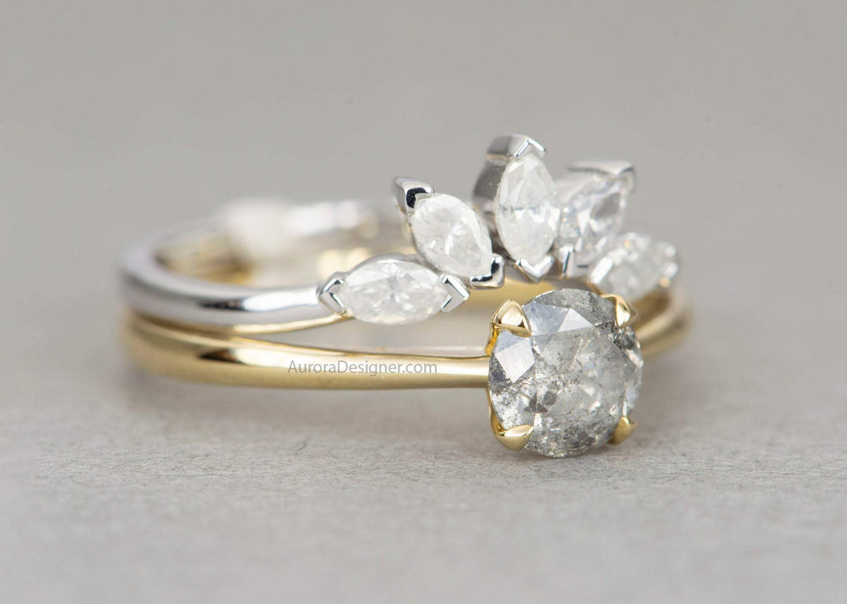 Five Marquise Milky White Diamond Crown Ring 14K 18K Gold Platinum PT950 Wedding Band AD1881-2