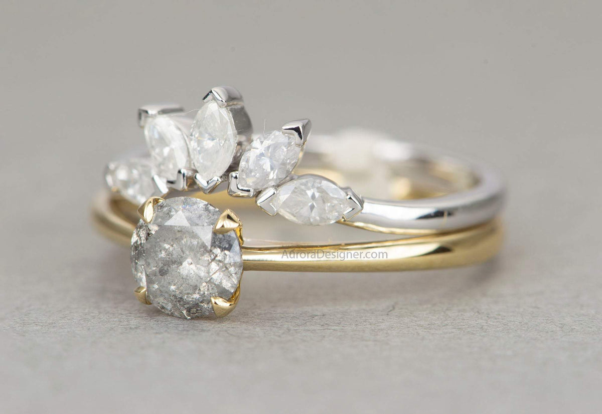 Five Marquise Milky White Diamond Crown Ring 14K 18K Gold Platinum PT950 Wedding Band AD1881-2