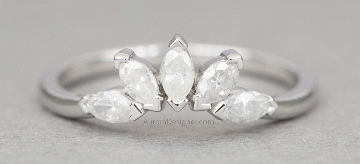Five Marquise Milky White Diamond Crown Ring 14K 18K Gold Platinum PT950 Wedding Band AD1881-2
