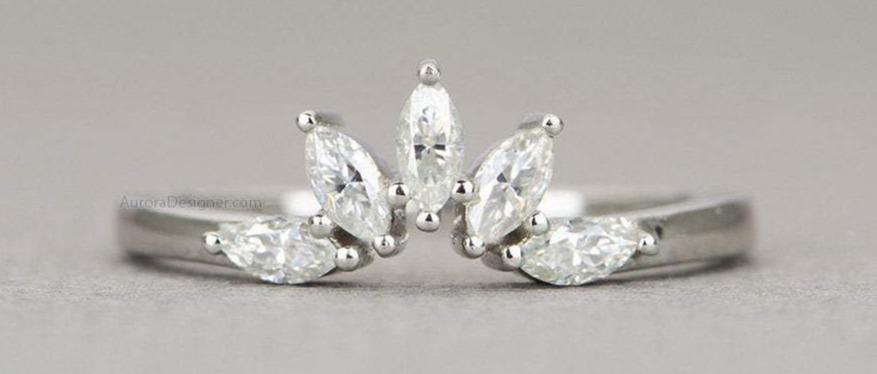Five Marquise Moissanite Crown Ring 14K 18K Gold Platinum PT950 Wedding Band AD1831