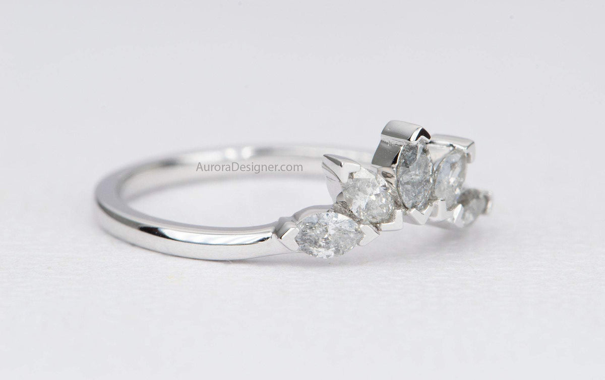 Five Marquise Salt and Pepper Diamond Crown Ring 14K 18K Gold Platinum PT950 Wedding Band AD1881