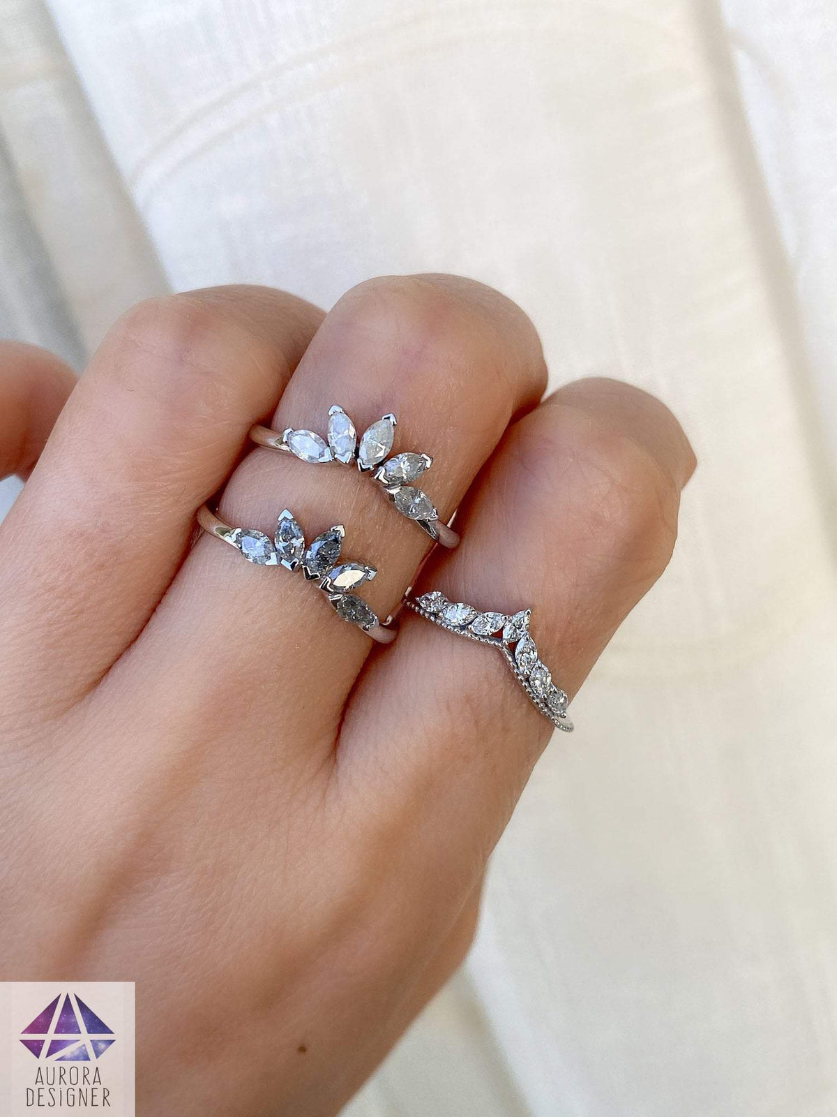 Five Marquise Salt and Pepper Diamond Crown Ring 14K 18K Gold Platinum PT950 Wedding Band AD1881