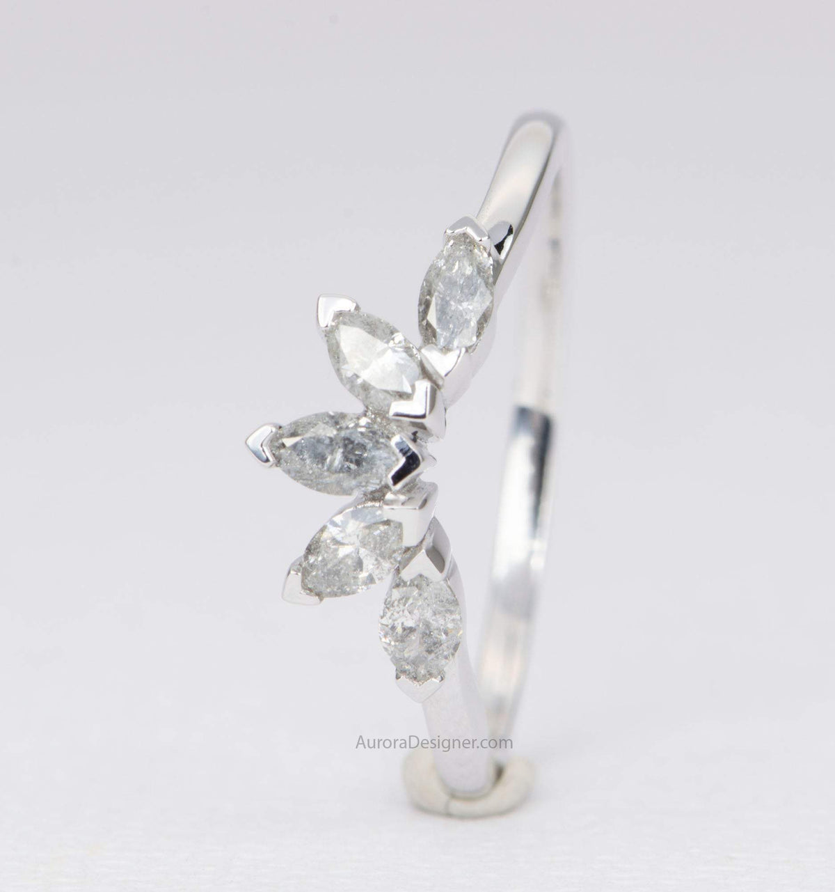 Five Marquise Salt and Pepper Diamond Crown Ring 14K 18K Gold Platinum PT950 Wedding Band AD1881