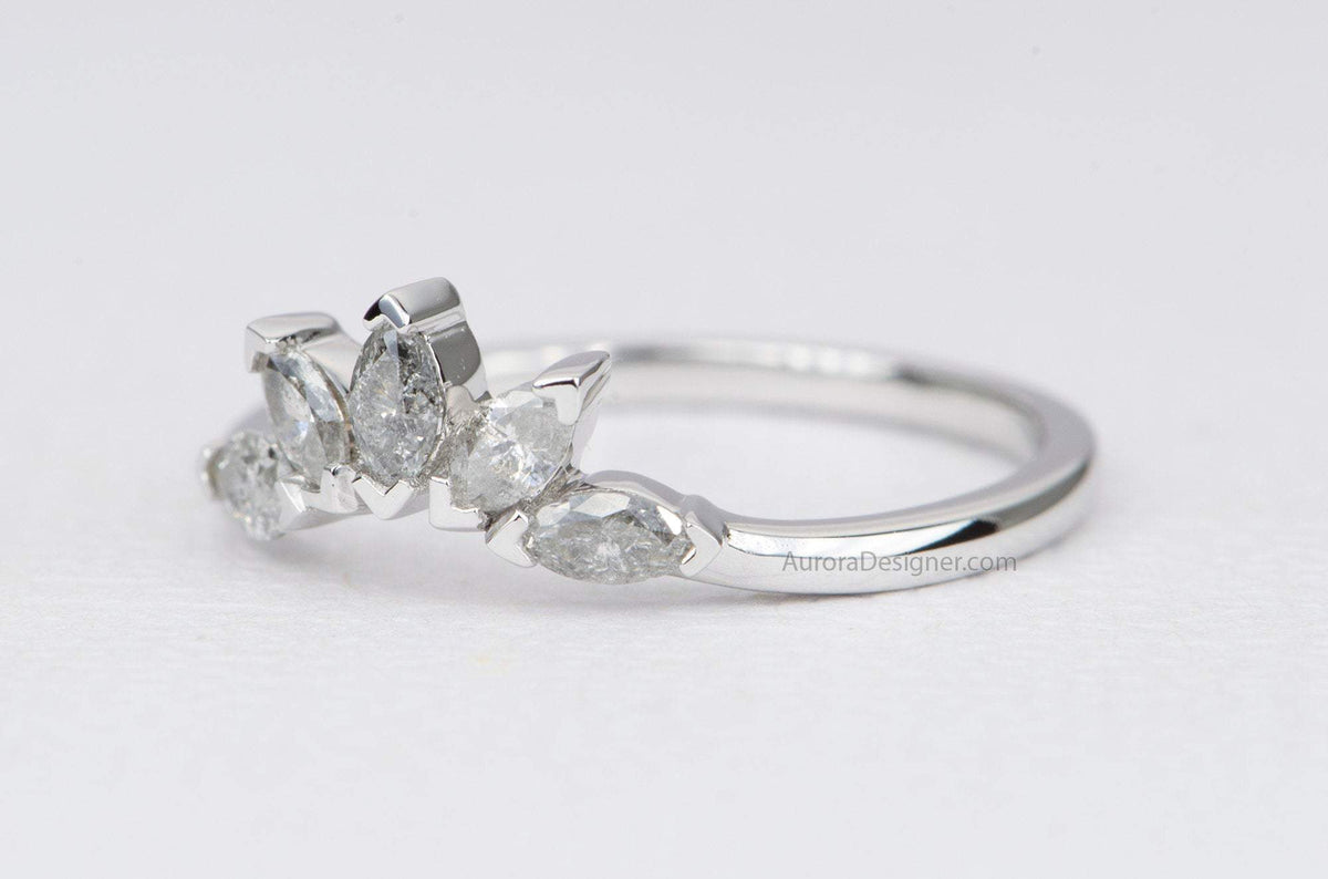 Five Marquise Salt and Pepper Diamond Crown Ring 14K 18K Gold Platinum PT950 Wedding Band AD1881