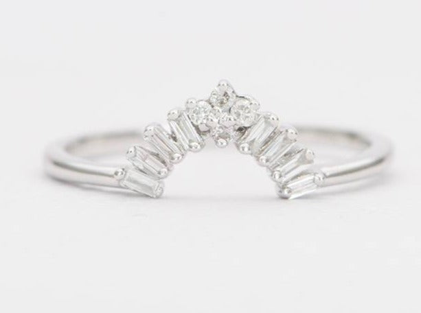 Four Baguette Diamond Crown Ring 14K Gold Wedding Band Nesting Rings AD1348