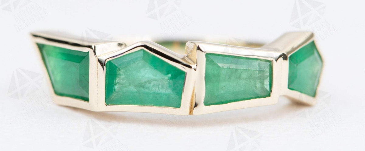Geometric Emerald Bezel Set Wedding Band 14K Yellow Gold Unique Alternative Ring May AD2035-4