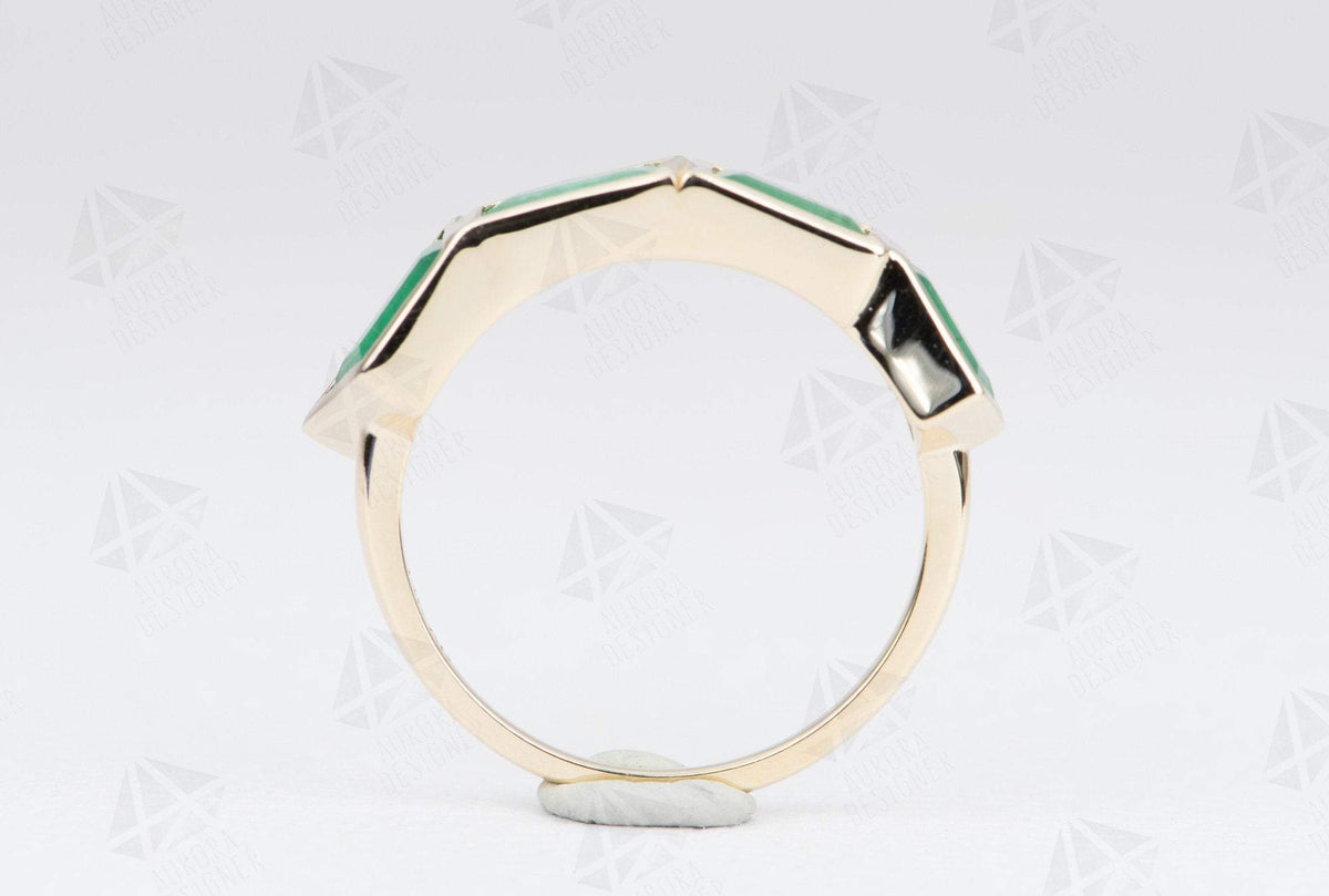Geometric Emerald Bezel Set Wedding Band 14K Yellow Gold Unique Alternative Ring May AD2035-4