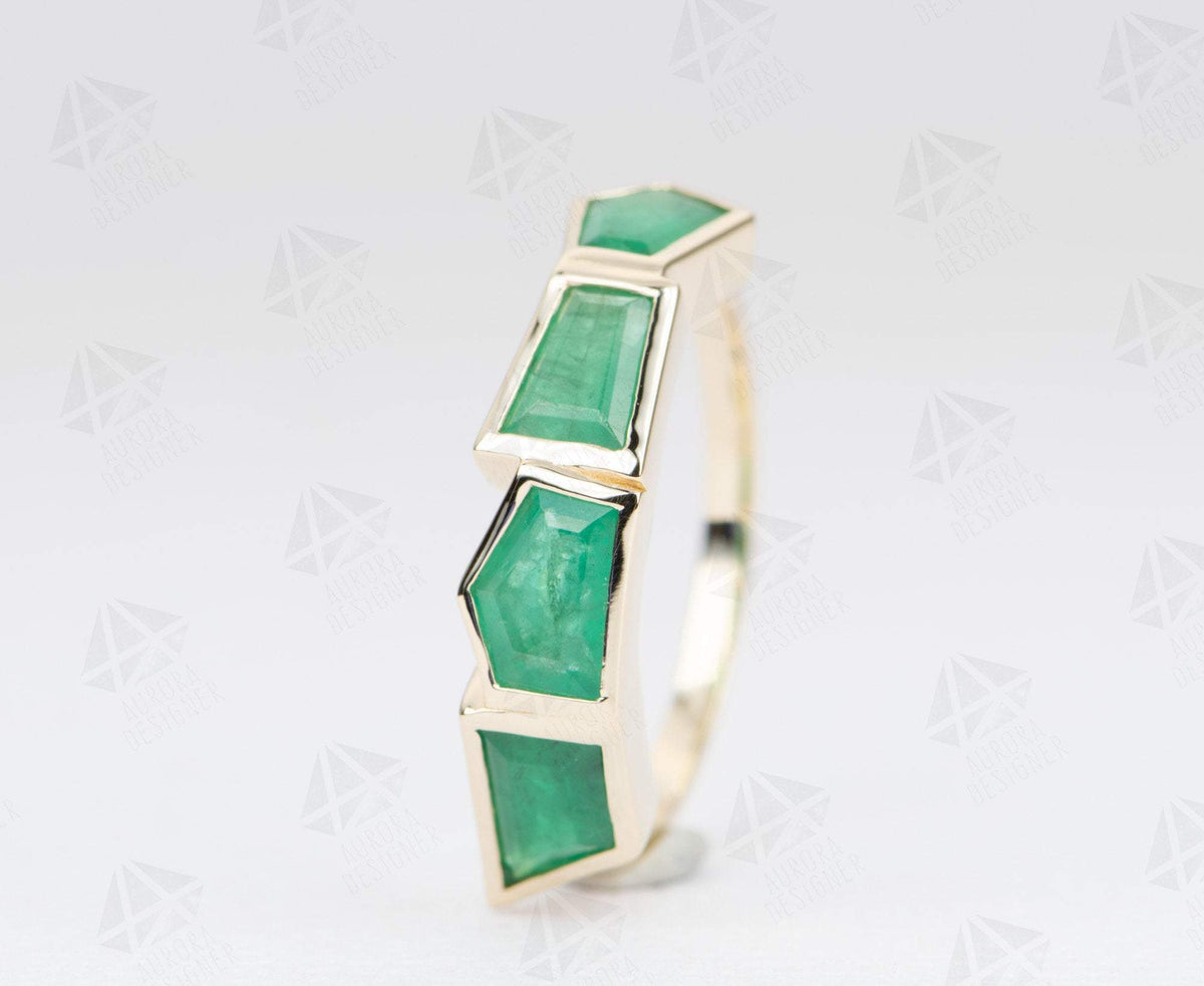 Geometric Emerald Bezel Set Wedding Band 14K Yellow Gold Unique Alternative Ring May AD2035-4