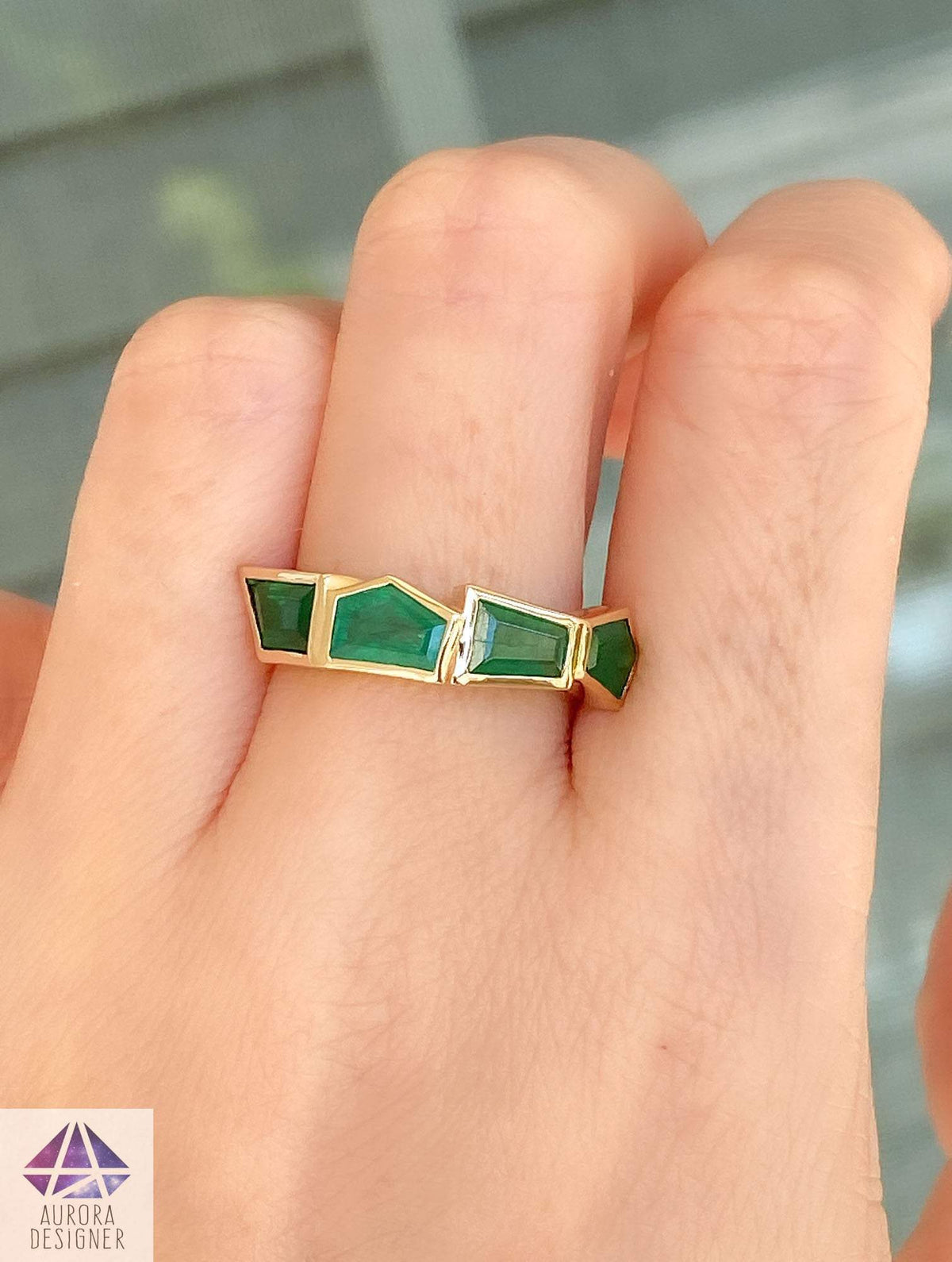 Geometric Emerald Bezel Set Wedding Band 14K Yellow Gold Unique Alternative Ring May AD2035-4