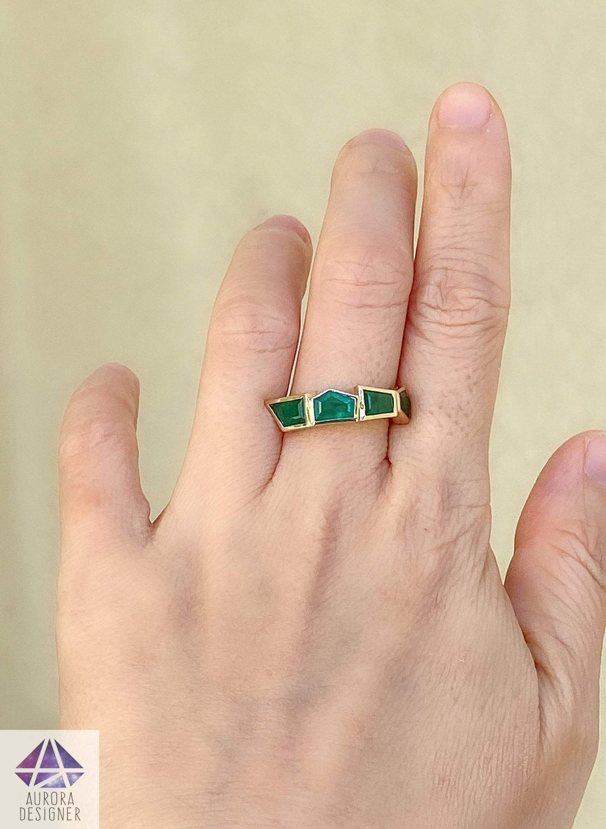 Geometric Emerald Bezel Set Wedding Band 14K Yellow Gold Unique Alternative Ring May AD2035-4
