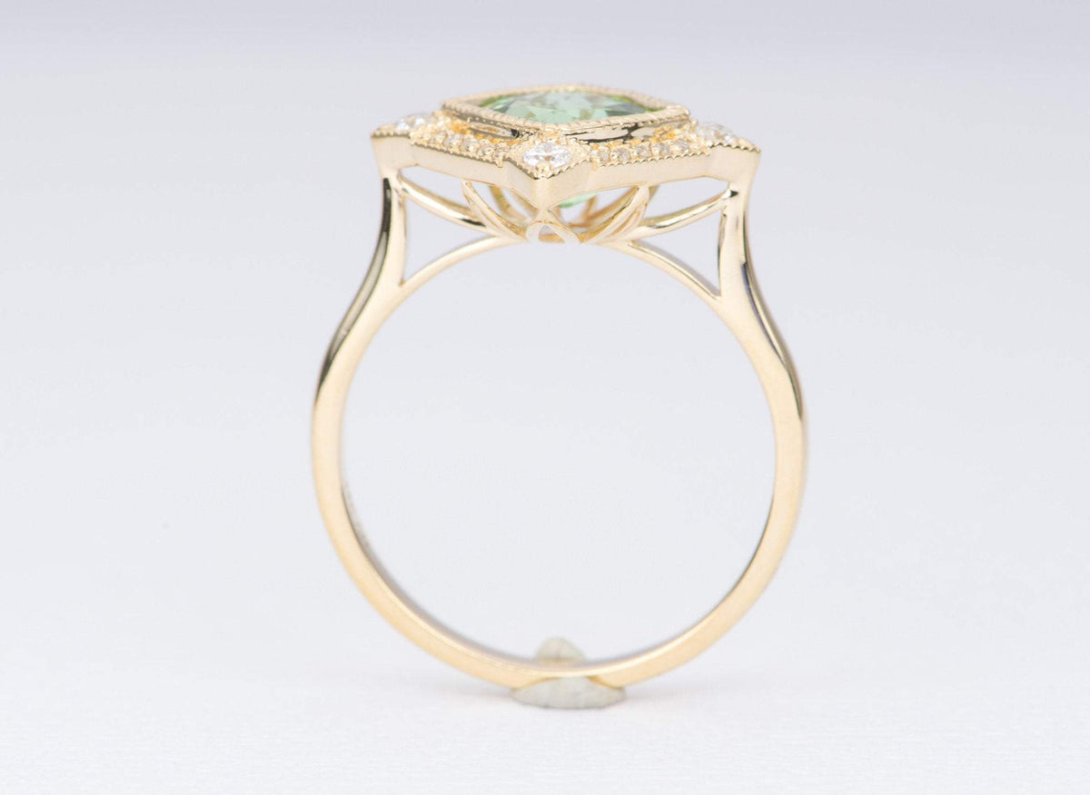 Green Tourmaline 14K Yellow Gold Moissanite Halo Engagement Ring Bezel Set Milgrain Unique AD2219-3