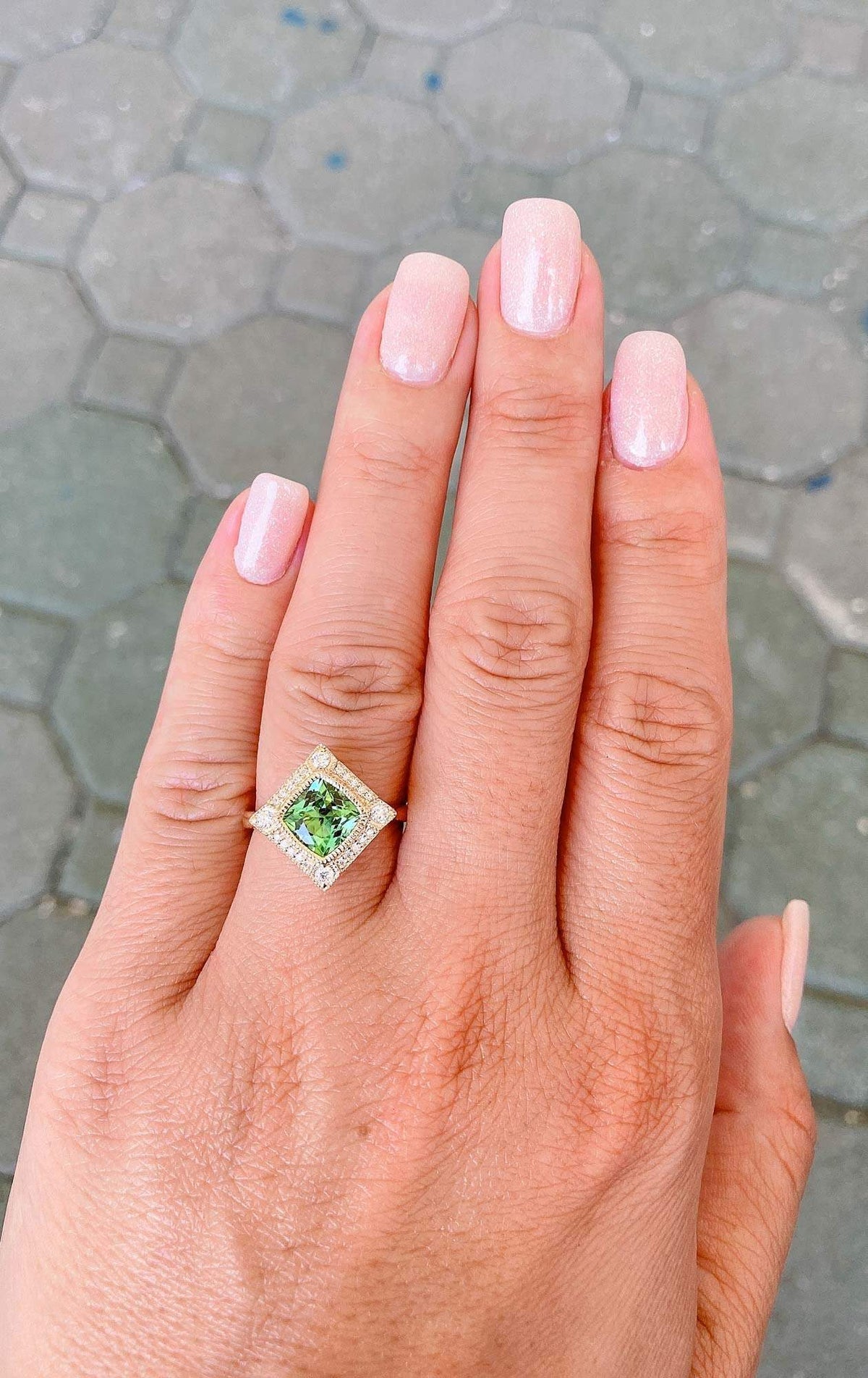 Green Tourmaline 14K Yellow Gold Moissanite Halo Engagement Ring Bezel Set Milgrain Unique AD2219-3