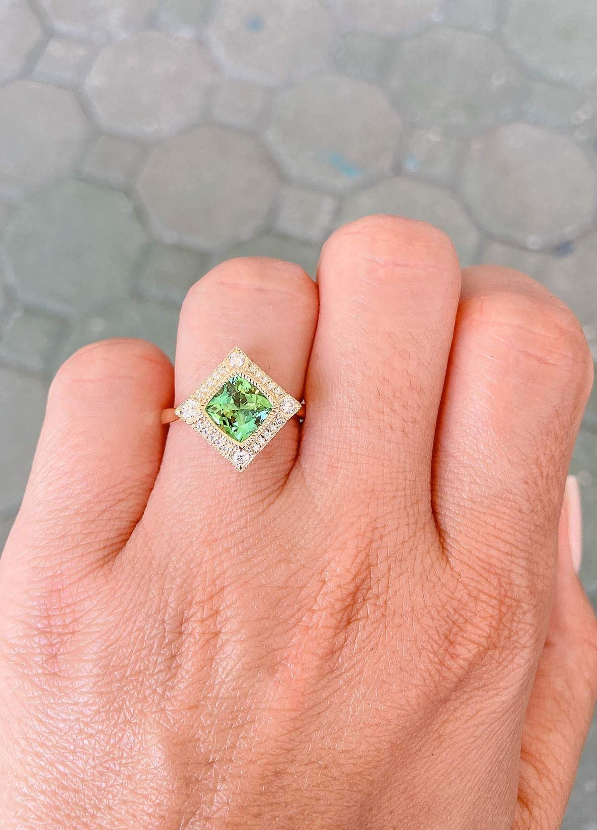 Green Tourmaline 14K Yellow Gold Moissanite Halo Engagement Ring Bezel Set Milgrain Unique AD2219-3