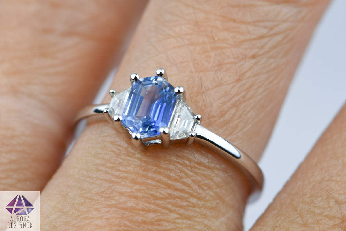 Hexagon Blue Sapphire with Moissanite Sides 14K White Gold Ring Diamond Alternative AD2010