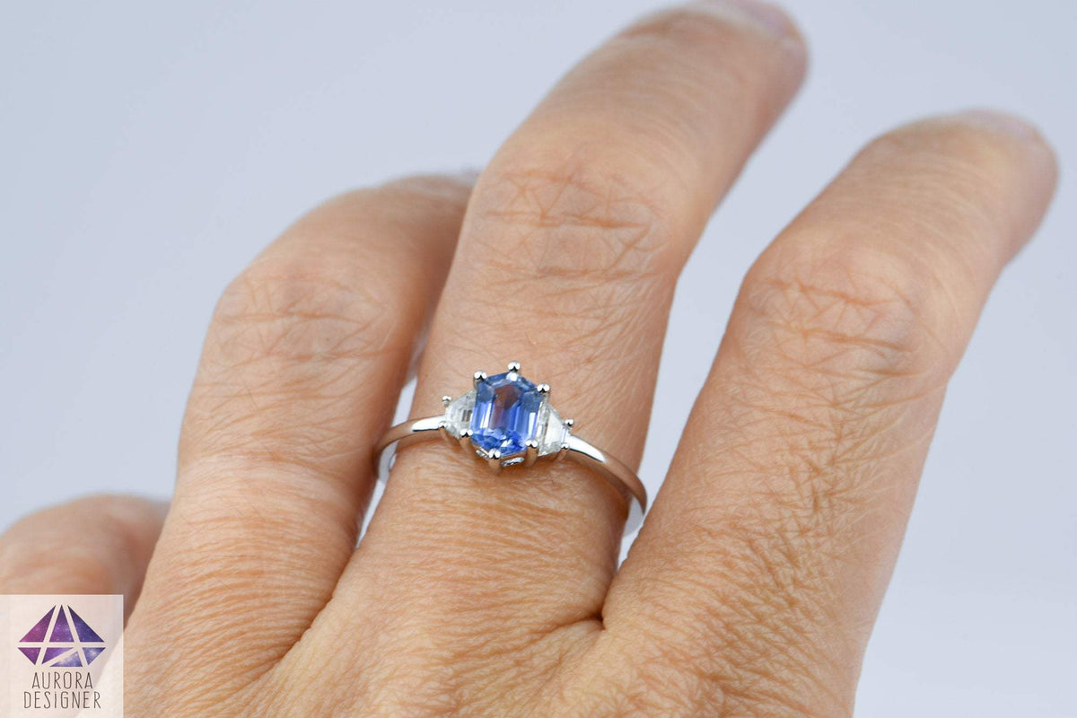 Hexagon Blue Sapphire with Moissanite Sides 14K White Gold Ring Diamond Alternative AD2010