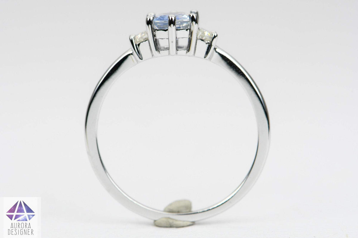 Hexagon Blue Sapphire with Moissanite Sides 14K White Gold Ring Diamond Alternative AD2010