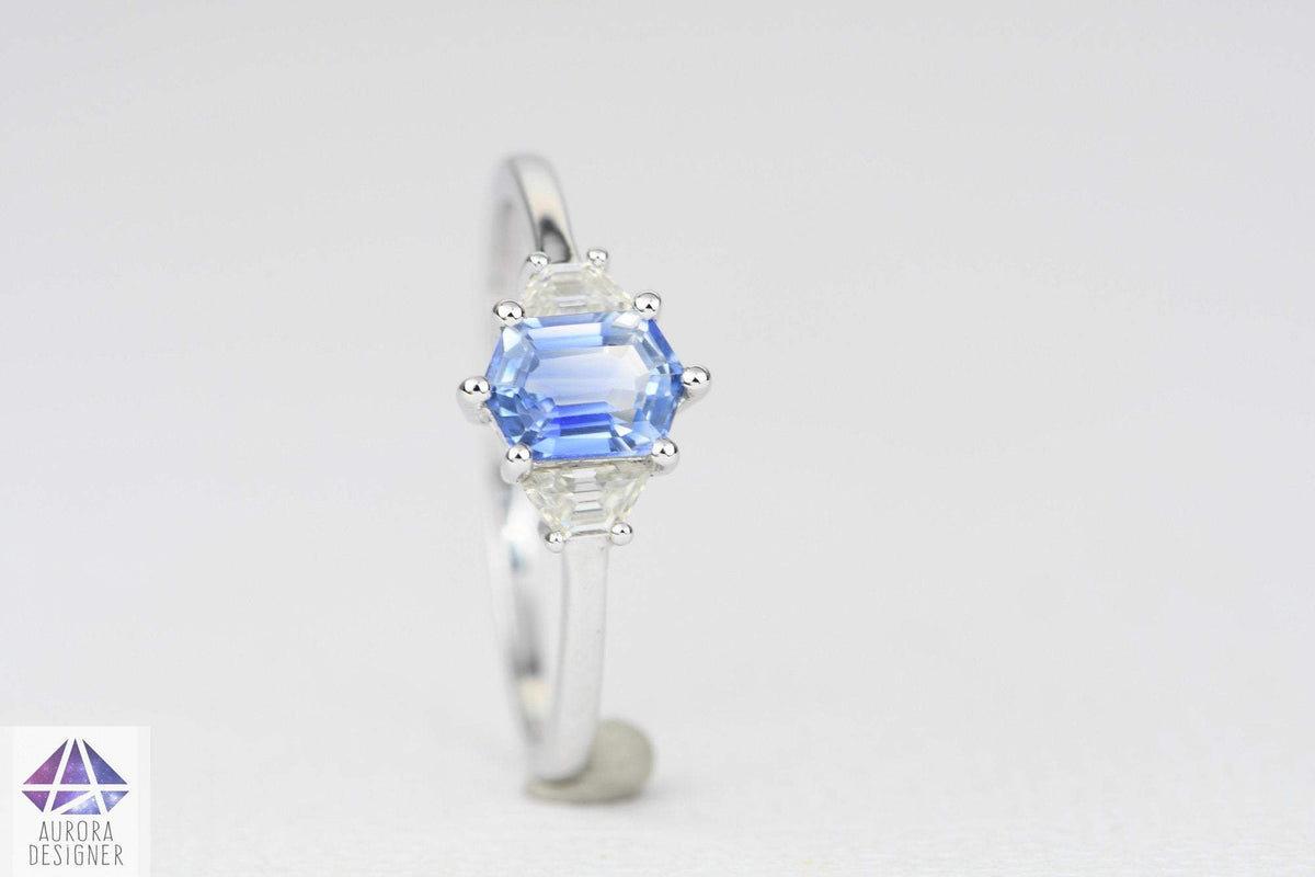 Hexagon Blue Sapphire with Moissanite Sides 14K White Gold Ring Diamond Alternative AD2010