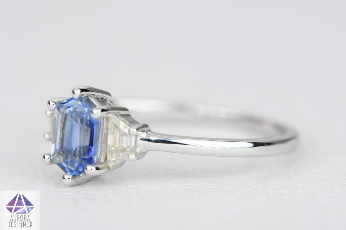 Hexagon Blue Sapphire with Moissanite Sides 14K White Gold Ring Diamond Alternative AD2010