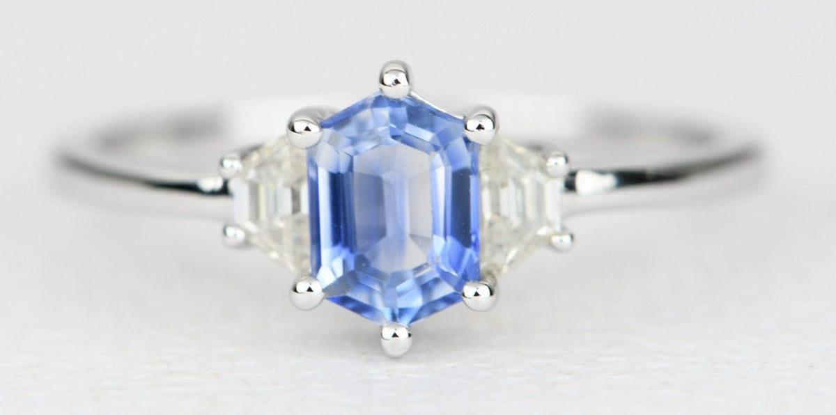 Hexagon Blue Sapphire with Moissanite Sides 14K White Gold Ring Diamond Alternative AD2010