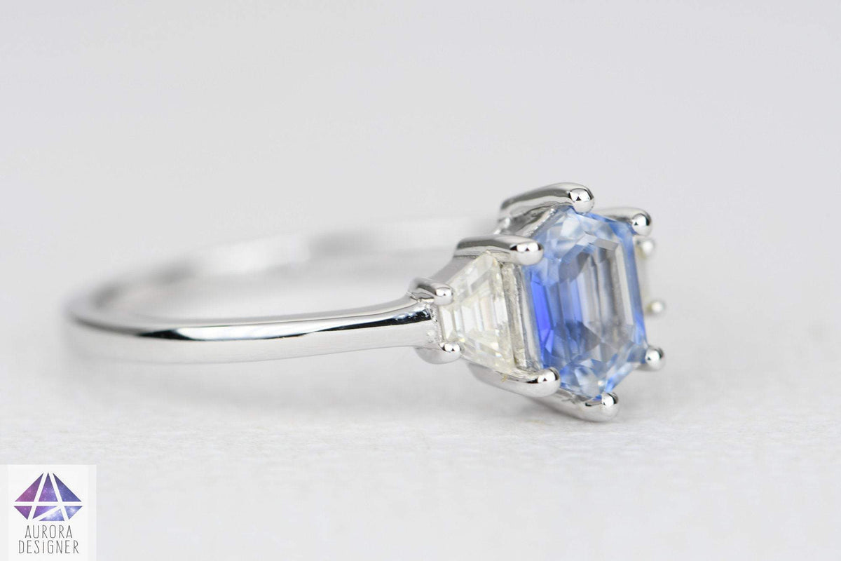 Hexagon Blue Sapphire with Moissanite Sides 14K White Gold Ring Diamond Alternative AD2010