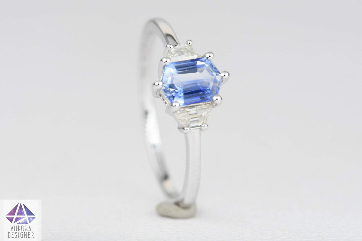 Hexagon Blue Sapphire with Moissanite Sides 14K White Gold Ring Diamond Alternative AD2010